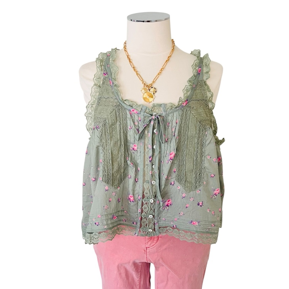 New FREE PEOPLE Forevermore Sheer Lace Floral Print Top Meadow Green Sz L - Picture 7 of 15